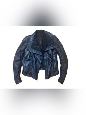 BLUR Leather Jacket Black AvantGarde Draped Funnel Neck Size 42/6/Small Archival